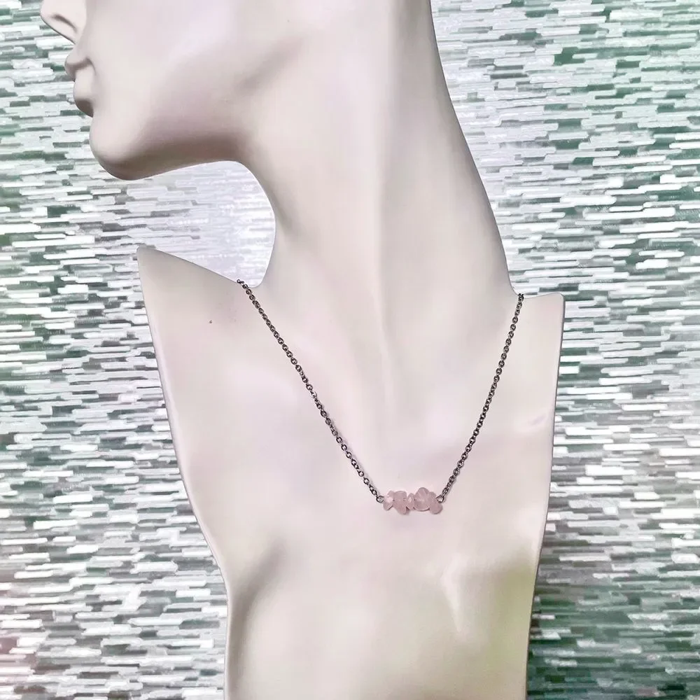 Pink Stone Cluster Necklace with Silver Plated Cable Chain Jewelry for Layering - Picture 4 of 6